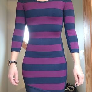 BCBGMaxAzria Purple and Blue Striped Long Sleeve Dress Bodycon Dress